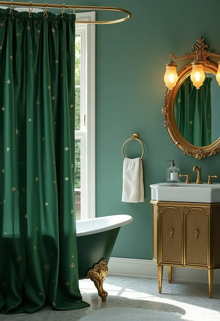 29 Green Bathroom Shower Curtain Ideas That Transform The Look - 26. Hints of Gold