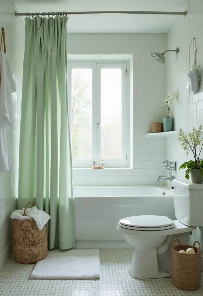29 Green Bathroom Shower Curtain Ideas That Transform The Look - 28. Soft Pastel Greens