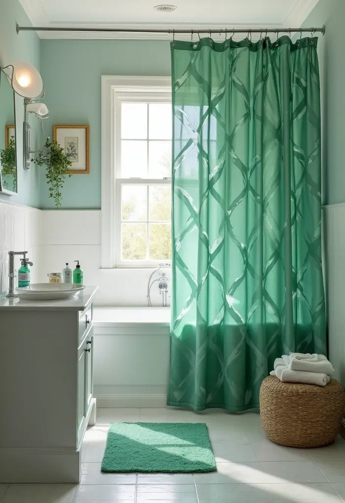 29 Green Bathroom Shower Curtain Ideas That Transform The Look - 9. Geometric Prints
