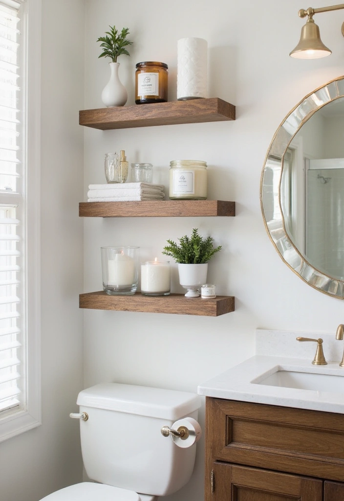 29 Modern Guest Bathroom Ideas That Impress Visitors - 28. Floating Shelves with Decor