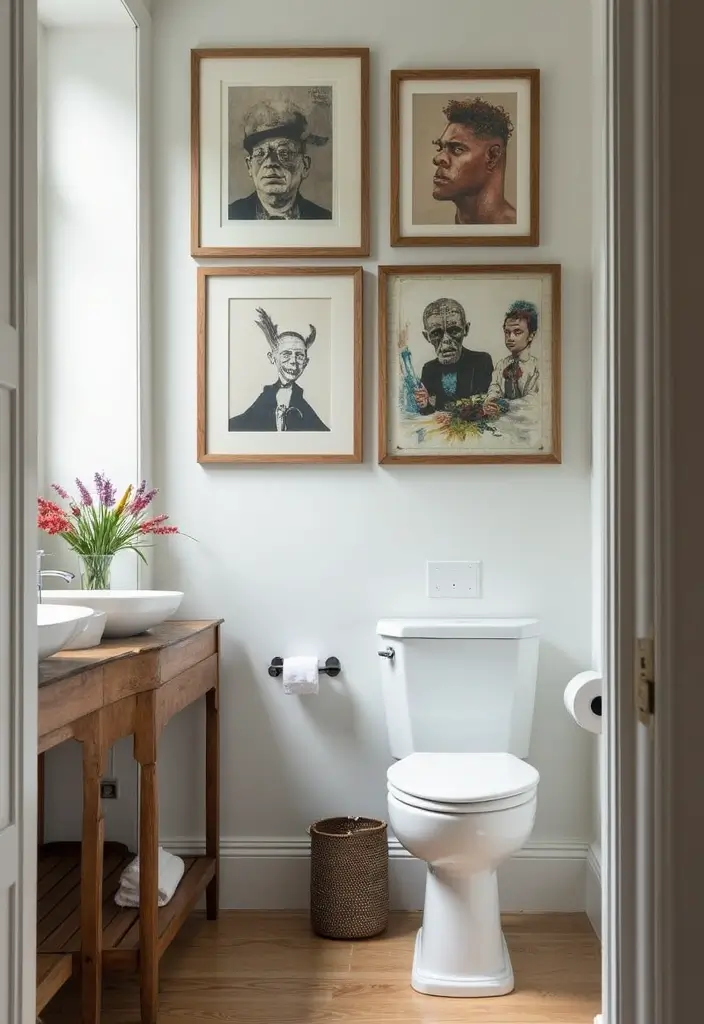 29 Small Bathroom Design Ideas That Work Wonders - 15. Incorporating Artwork