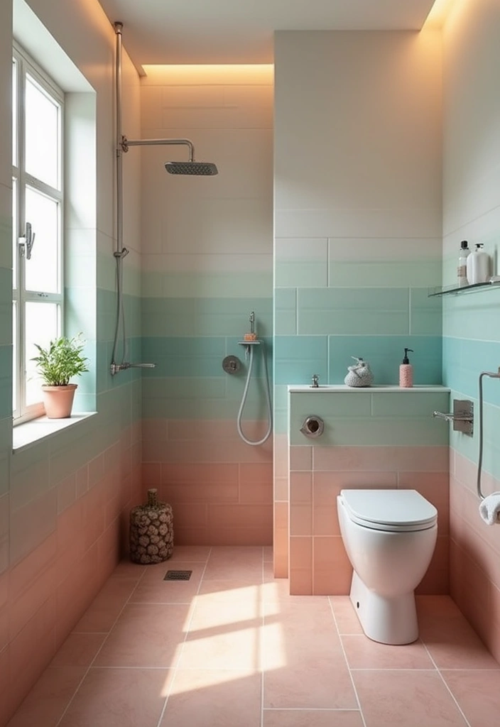 29 Small Bathroom Floor Tile Ideas That Feel Spacious - 13. Gradient Color Tiles