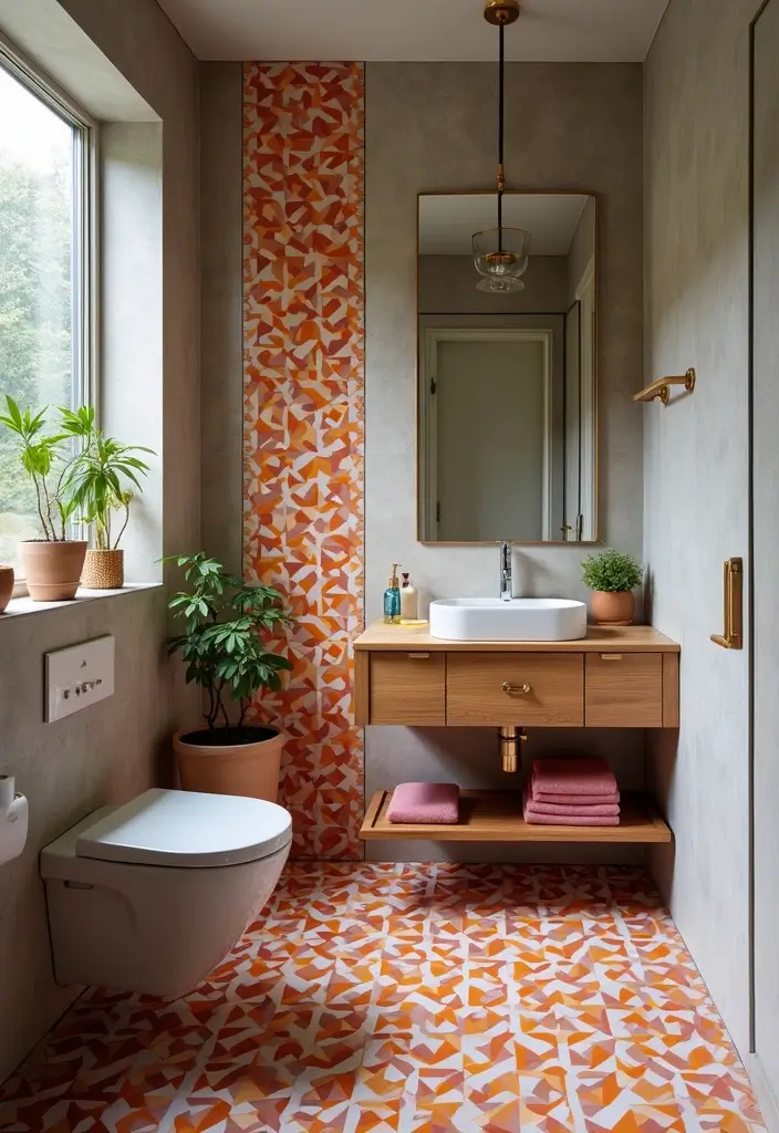 29 Small Bathroom Floor Tile Ideas That Feel Spacious - 5. Bold Geometric Patterns