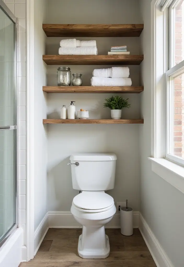 29 Standing Shower Bathroom Ideas That Save Space - 20. Open Shelving Units