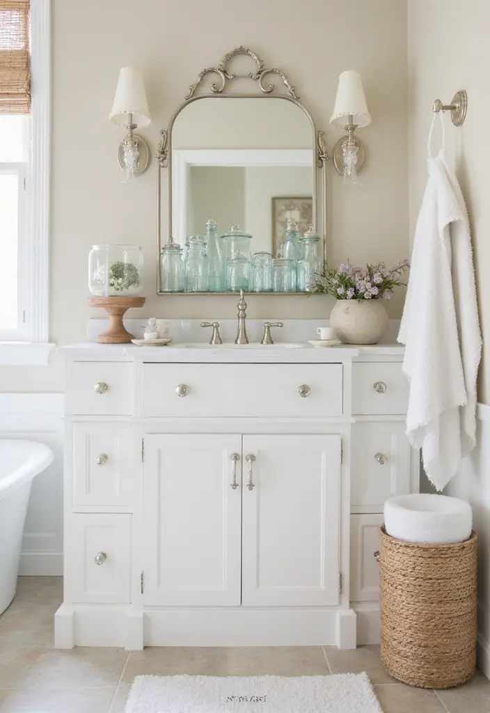 29 White And Beige Bathroom Ideas That Feel Timeless - 14. Vintage Glass Accents
