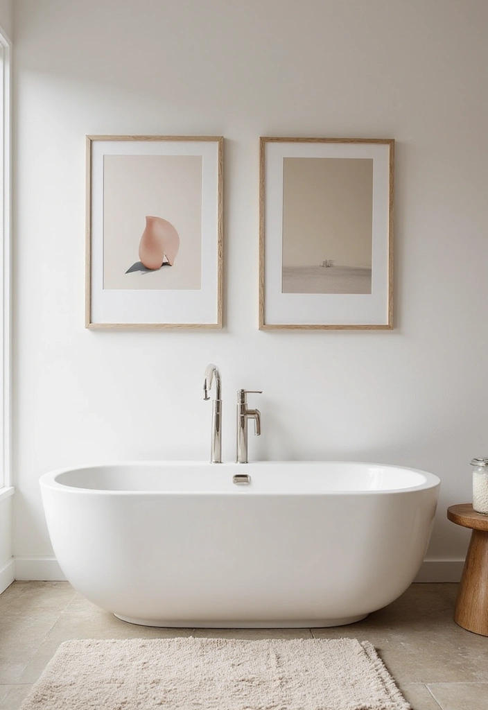 29 White And Beige Bathroom Ideas That Feel Timeless - 15. Minimalist Art
