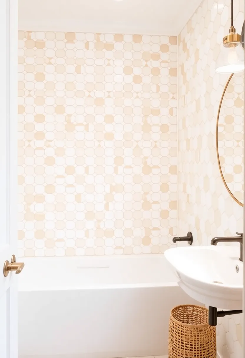 29 White And Beige Bathroom Ideas That Feel Timeless - 20. Playful Geometric Tiles