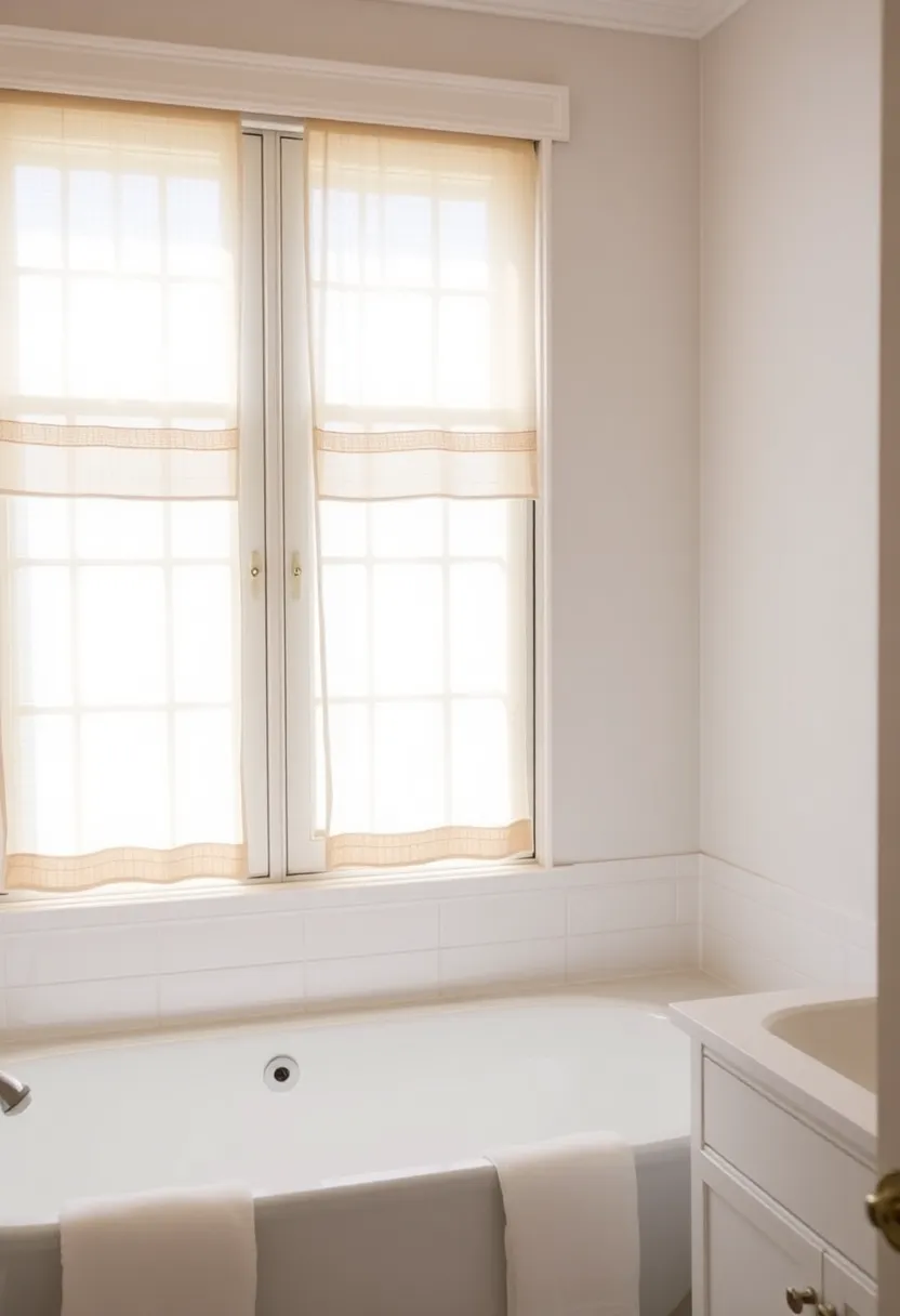 29 White And Beige Bathroom Ideas That Feel Timeless - 21. Soft Linen Window Treatments