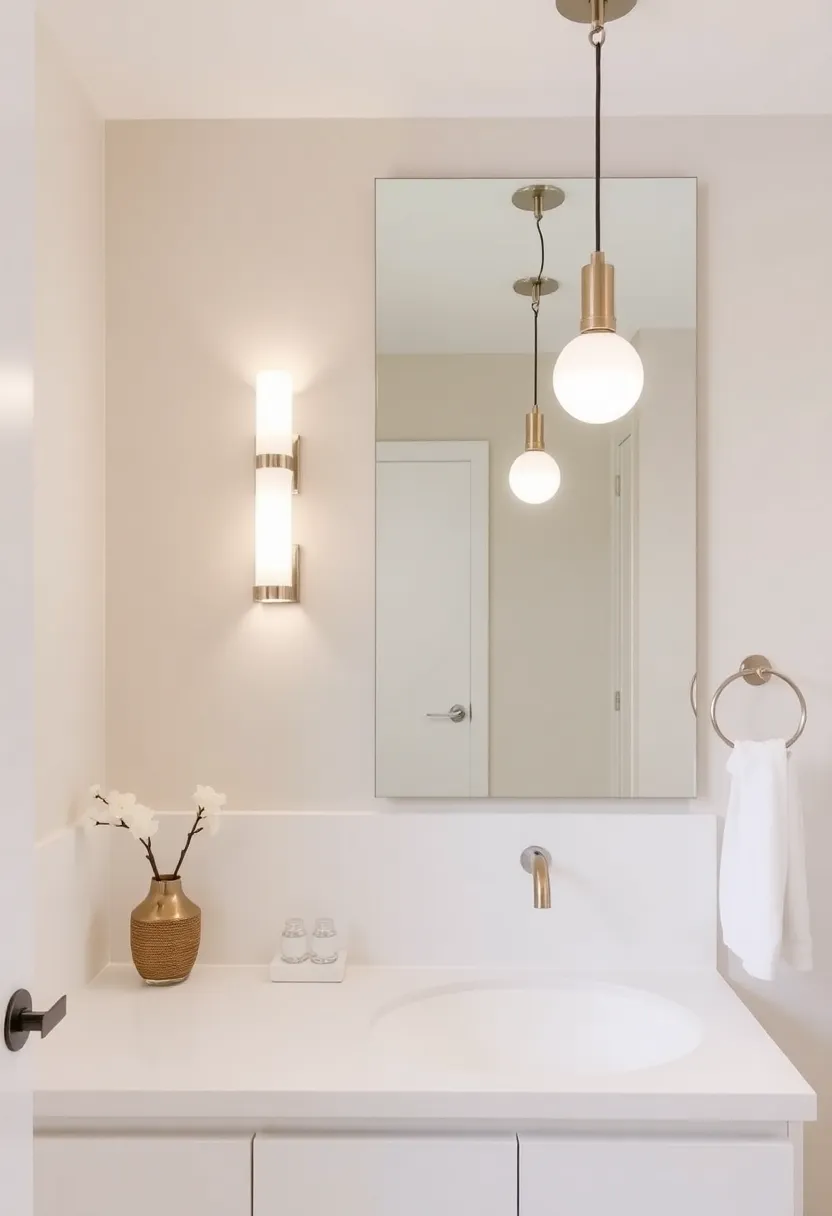 29 White And Beige Bathroom Ideas That Feel Timeless - 23. Unique Lighting Fixtures