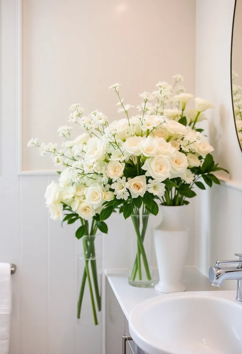 29 White And Beige Bathroom Ideas That Feel Timeless - 25. Fresh Floral Arrangements