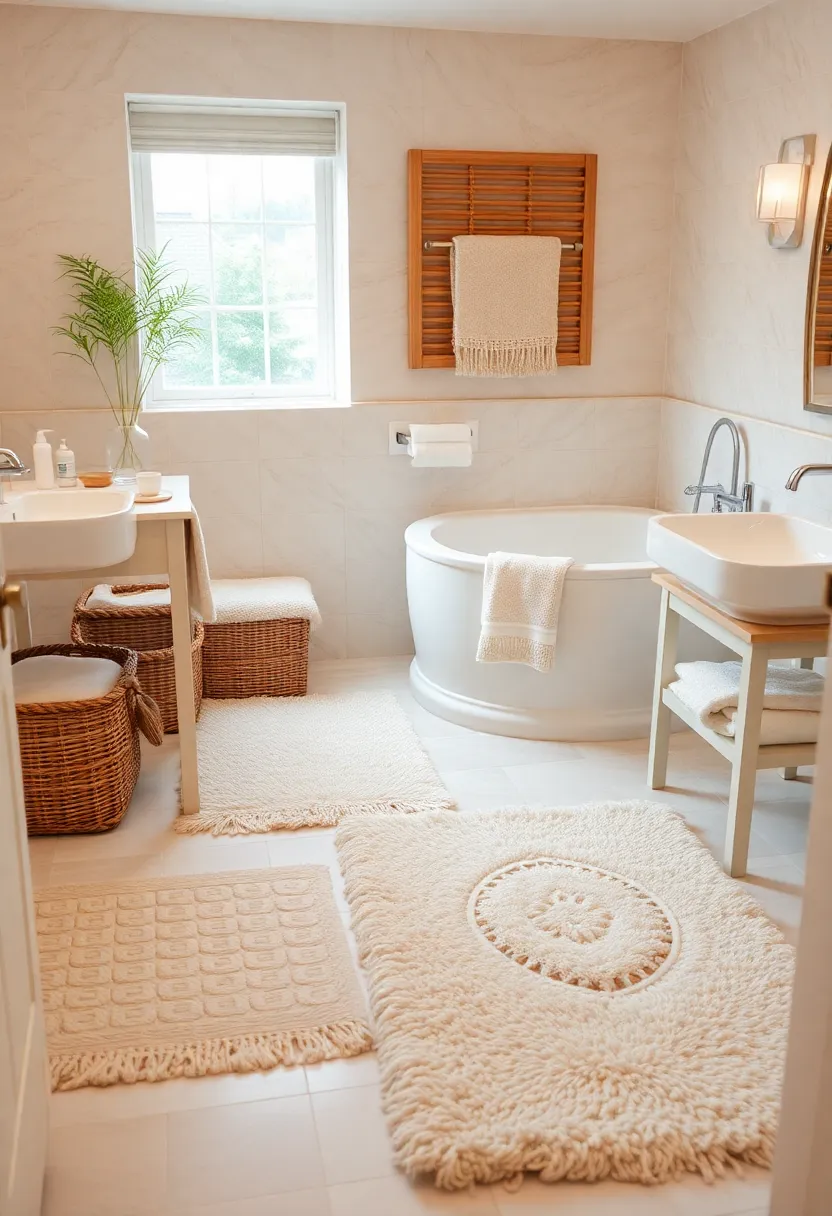 29 White And Beige Bathroom Ideas That Feel Timeless - 28. Soft Rugs