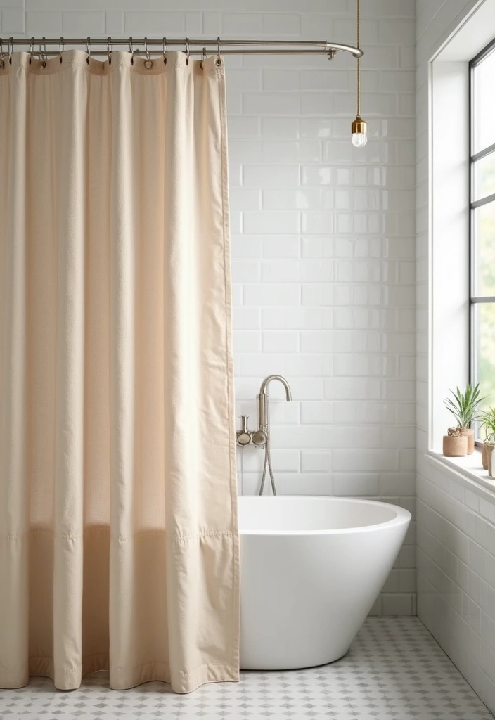 29 White And Beige Bathroom Ideas That Feel Timeless - 6. Textured Shower Curtains