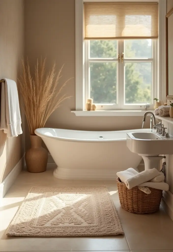 29 White And Beige Bathroom Ideas That Feel Timeless - 8. Elegant Bath Mats