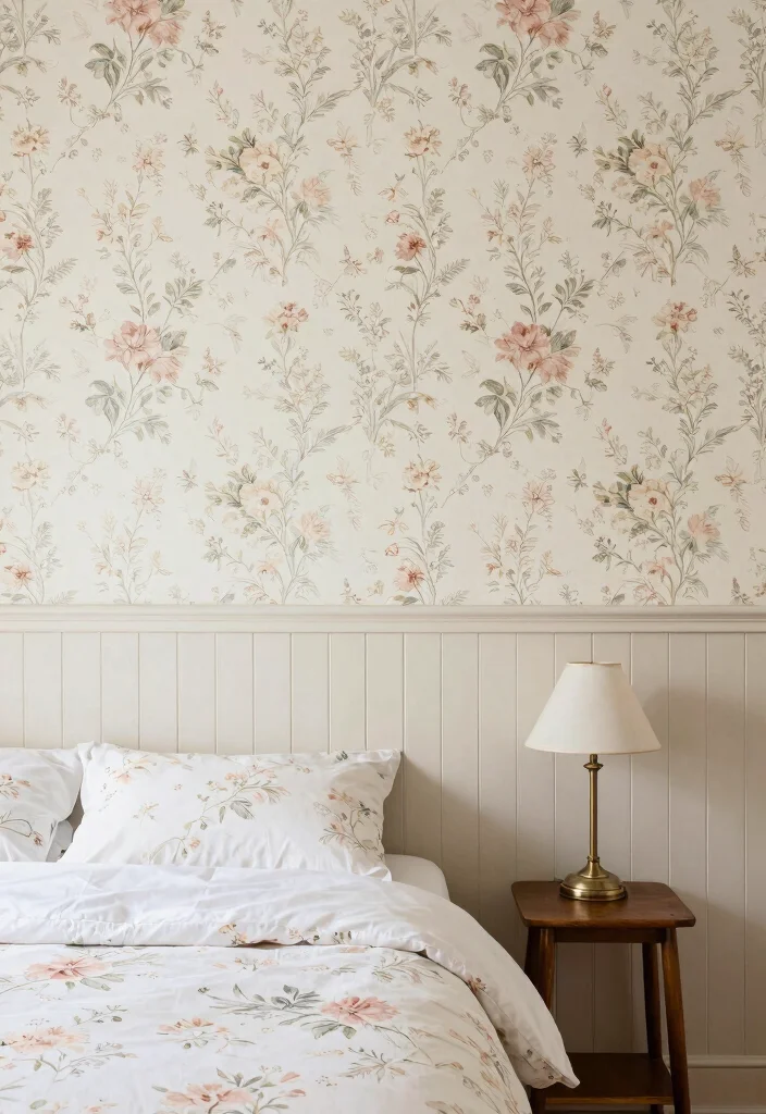 15 Beadboard Half Wall Bedroom Ideas for a Classic Cozy Touch - 5. Beadboard with Wallpaper 1