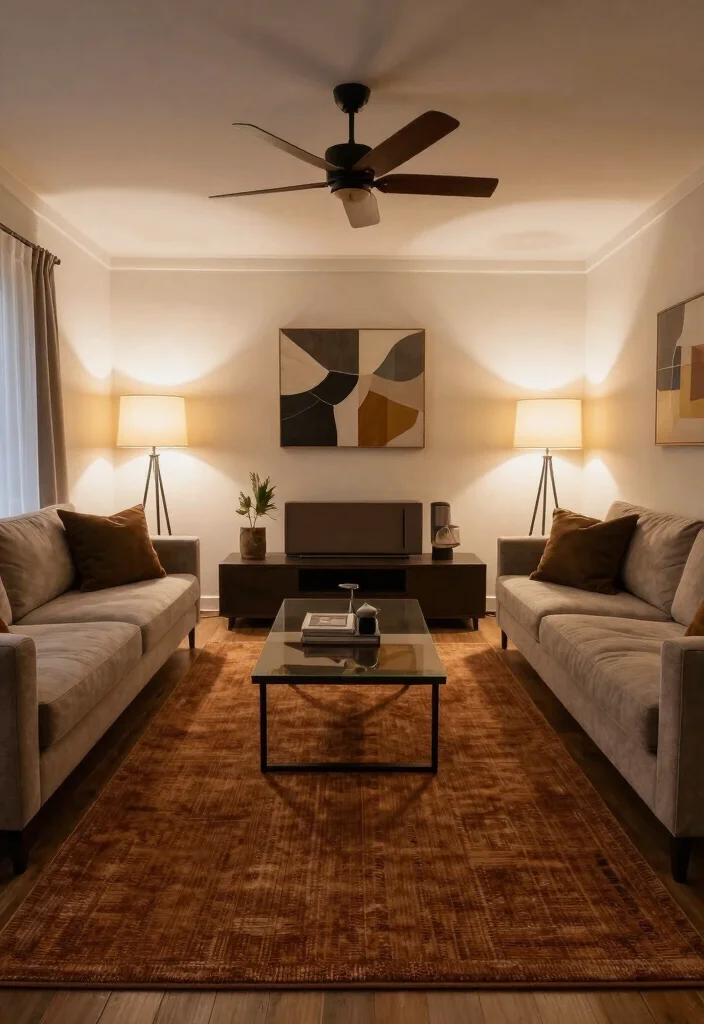 15 Brown Rug Living Room Ideas: Cozy Neutral Base - 12. Statement Lighting 1