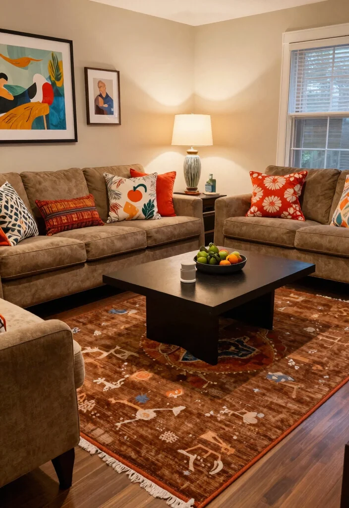 15 Brown Rug Living Room Ideas: Cozy Neutral Base - 14. Color Pop Accents 1