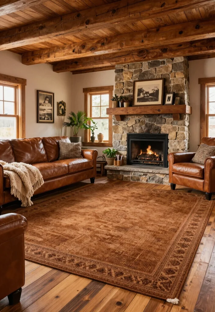 15 Brown Rug Living Room Ideas: Cozy Neutral Base - 3. Rustic Retreat 1
