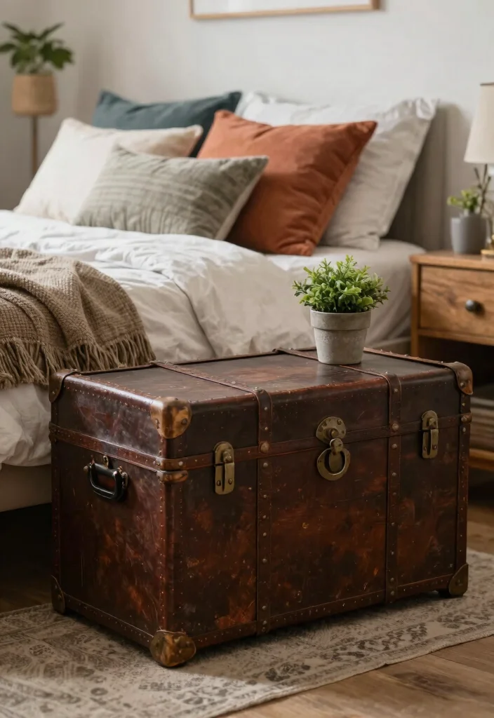 15 Cabinet for Small Bedroom Ideas: Compact Smart Storage - 14. Vintage Trunk as a Storage Solution 1