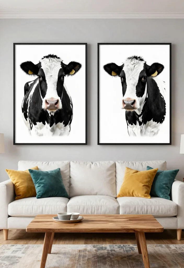 15 Cow Pictures Decor Living Room Ideas for Farmhouse Whimsy - 1. Bold Black and White Prints 1