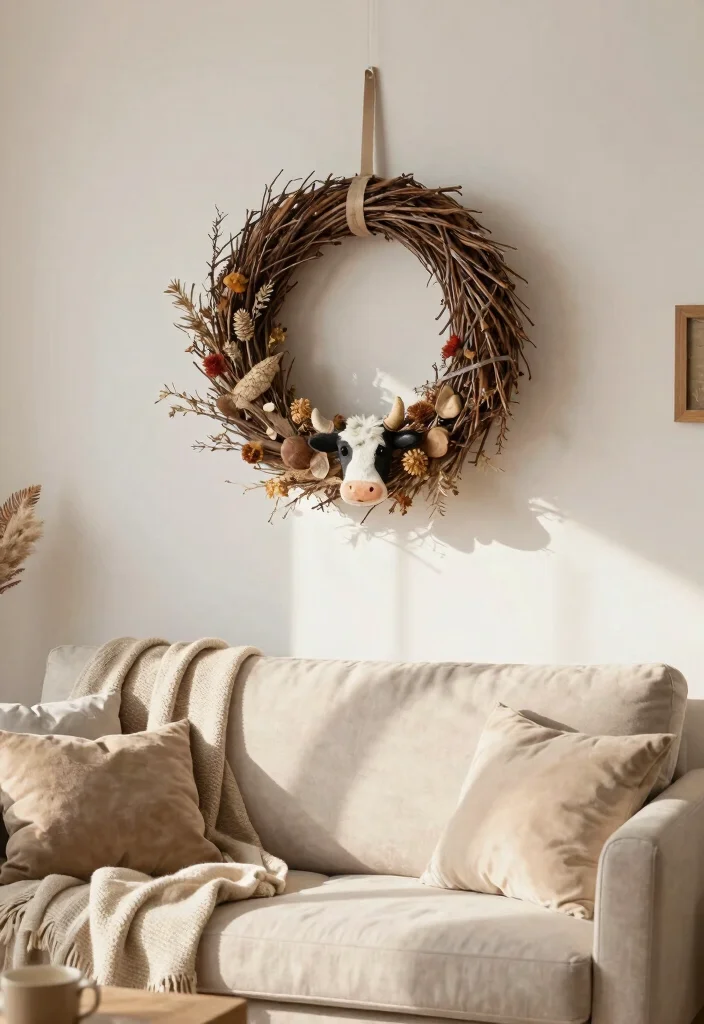 15 Cow Pictures Decor Living Room Ideas for Farmhouse Whimsy - 11. Cow-Themed Wreaths 1