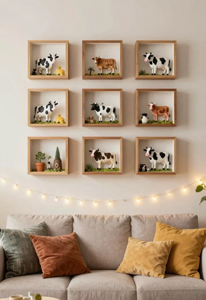 15 Cow Pictures Decor Living Room Ideas for Farmhouse Whimsy - 13. Cow-Themed Shadow Boxes 1