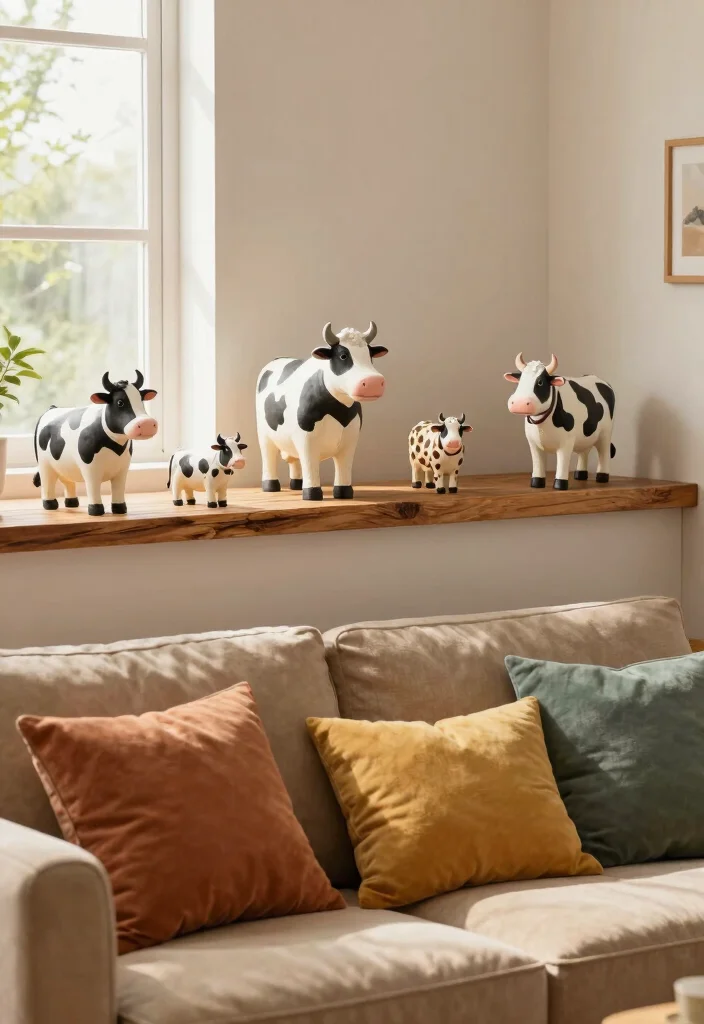 15 Cow Pictures Decor Living Room Ideas for Farmhouse Whimsy - 14. Charming Cow Figurines 1
