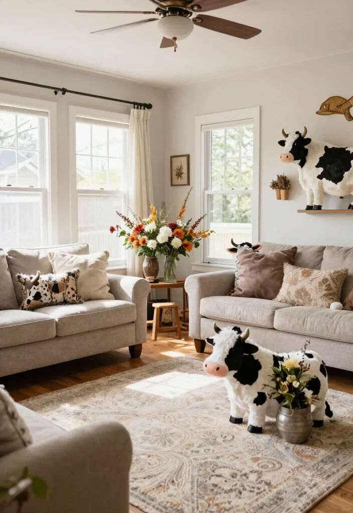 15 Cow Pictures Decor Living Room Ideas for Farmhouse Whimsy - 15. Seasonal Cow Decor 1