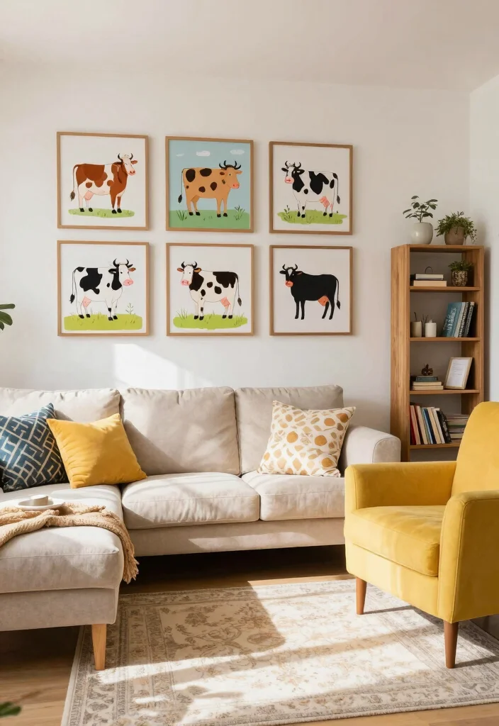 15 Cow Pictures Decor Living Room Ideas for Farmhouse Whimsy - 2. Whimsical Cow Illustrations 1