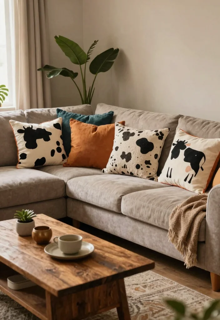 15 Cow Pictures Decor Living Room Ideas for Farmhouse Whimsy - 8. Cow-Themed Throw Pillows 1