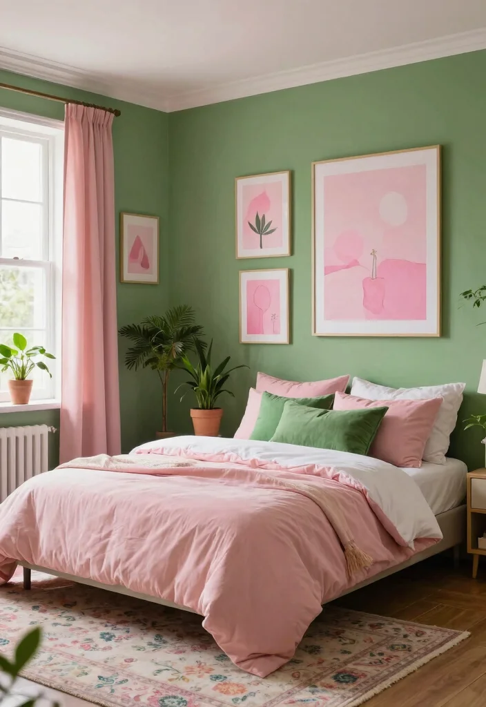 15 Green and Pink Bedroom Ideas Fresh Youthful Vibes - 1. Lush Green Walls with Pink Accents 1