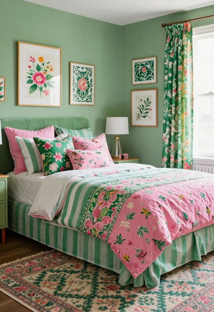 15 Green and Pink Bedroom Ideas Fresh Youthful Vibes - 11. Mixing Patterns in Green and Pink 1