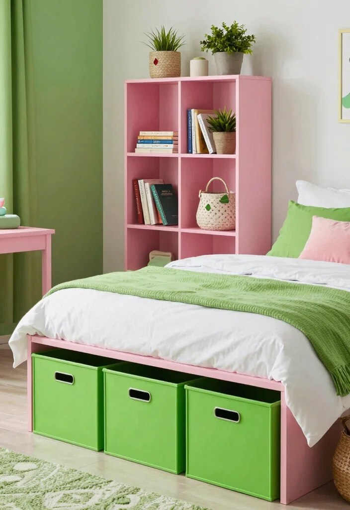 15 Green and Pink Bedroom Ideas Fresh Youthful Vibes - 12. Green and Pink Accents for Storage 1