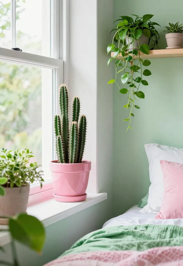 15 Green and Pink Bedroom Ideas Fresh Youthful Vibes - 15. Fresh Green Plants with Pink Decor 1
