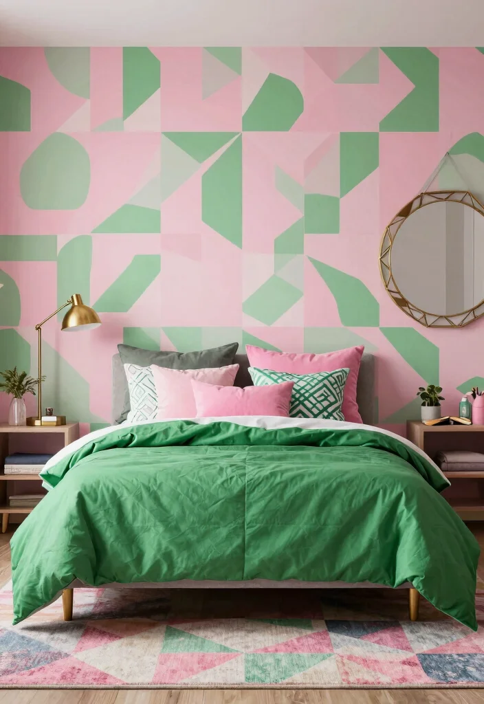 15 Green and Pink Bedroom Ideas Fresh Youthful Vibes - 2. Pink and Green Geometric Patterns 1