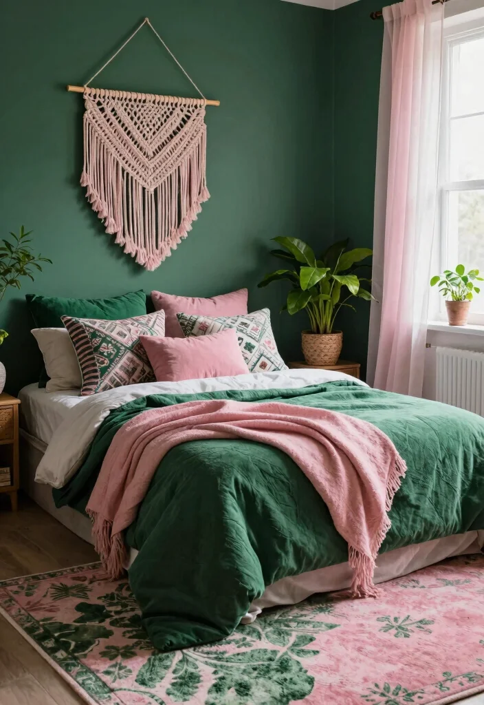 15 Green and Pink Bedroom Ideas Fresh Youthful Vibes - 3. Bohemian Green and Pink Textiles 1