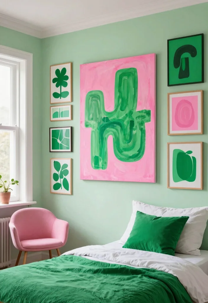 15 Green and Pink Bedroom Ideas Fresh Youthful Vibes - 4. Vibrant Artwork in Green and Pink 1