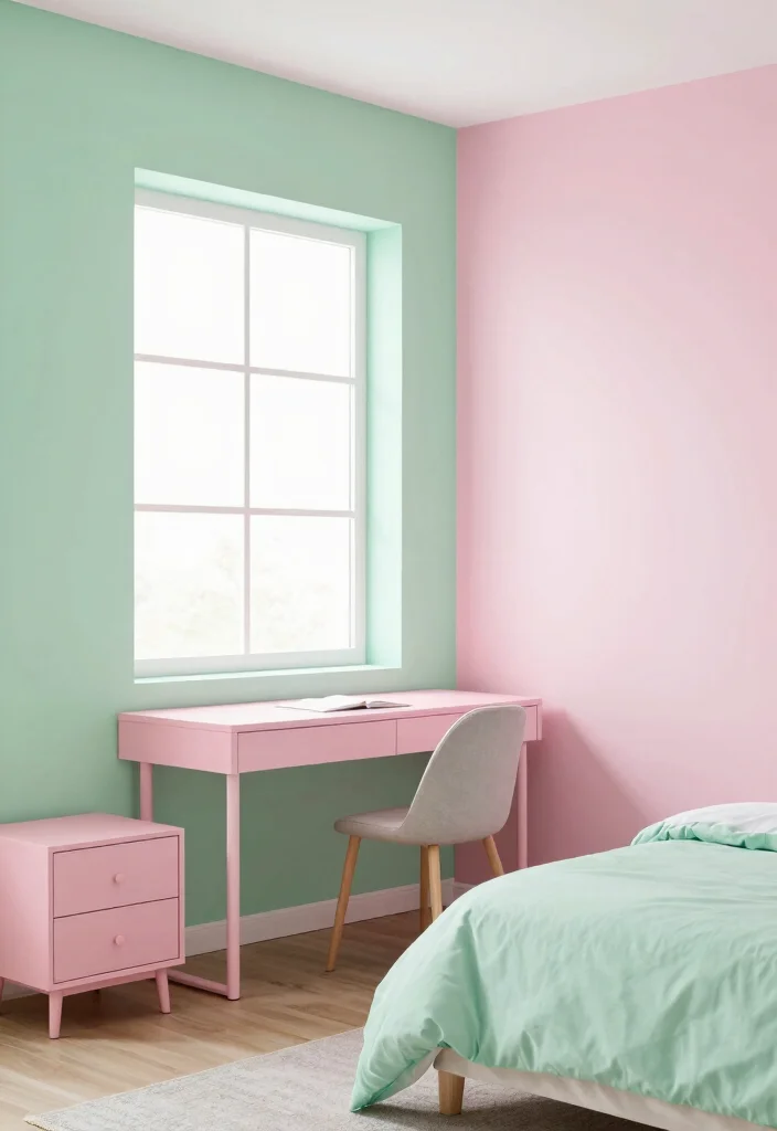 15 Green and Pink Bedroom Ideas Fresh Youthful Vibes - 5. Pastel Green and Pink Color Blocking 1