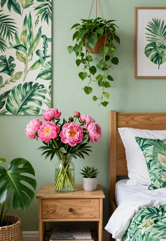 15 Green and Pink Bedroom Ideas Fresh Youthful Vibes - 9. Green and Pink Botanical Accents 1
