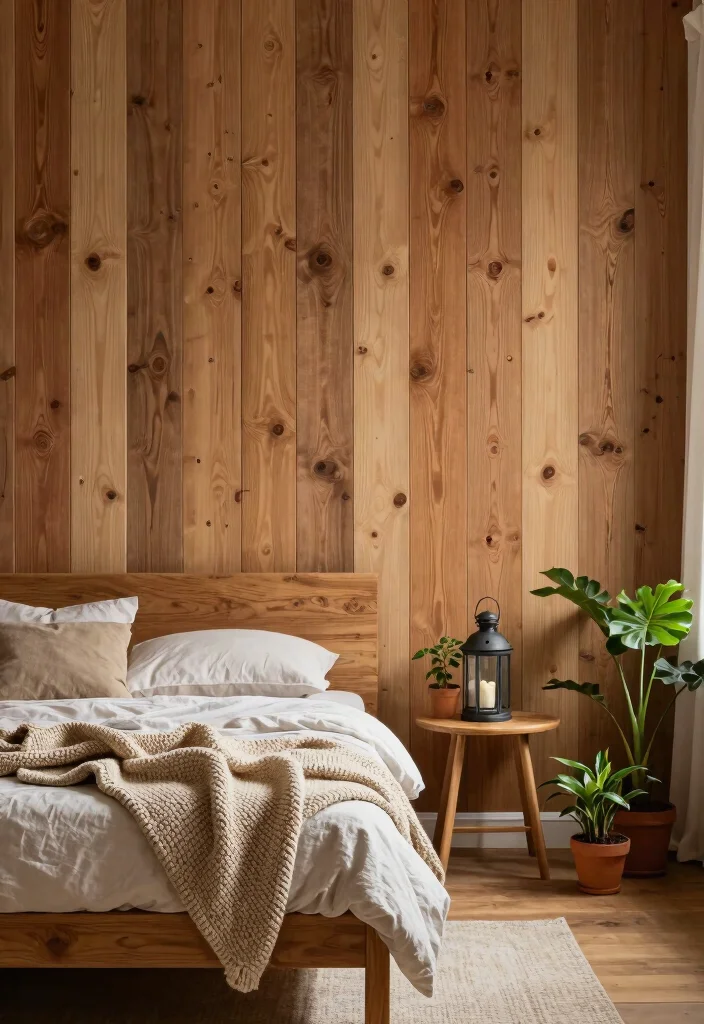 15 One Wall Wallpaper Bedroom Ideas: Patterned Visual Interest - 10. Rustic Wooden Panels 1