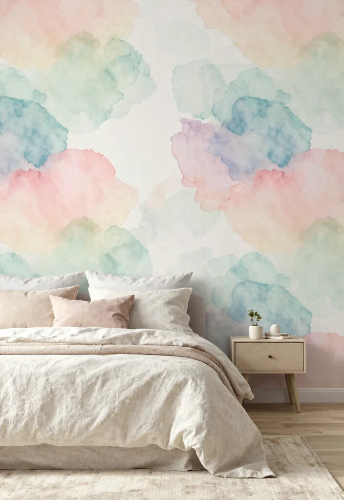 15 One Wall Wallpaper Bedroom Ideas: Patterned Visual Interest - 14. Artistic Watercolor Patterns 1