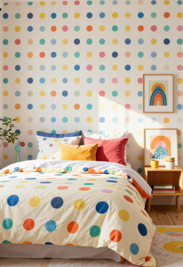 15 One Wall Wallpaper Bedroom Ideas: Patterned Visual Interest - 15. Playful Polka Dots 1
