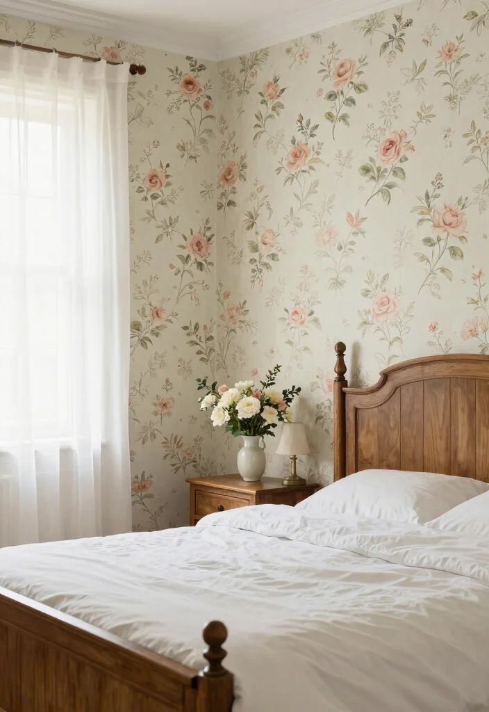 15 One Wall Wallpaper Bedroom Ideas: Patterned Visual Interest - 2. Vintage Floral Charm 1