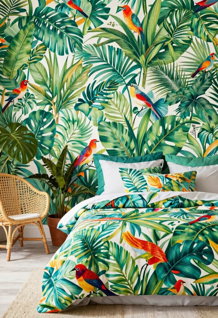 15 One Wall Wallpaper Bedroom Ideas: Patterned Visual Interest - 3. Bold Tropical Prints 1