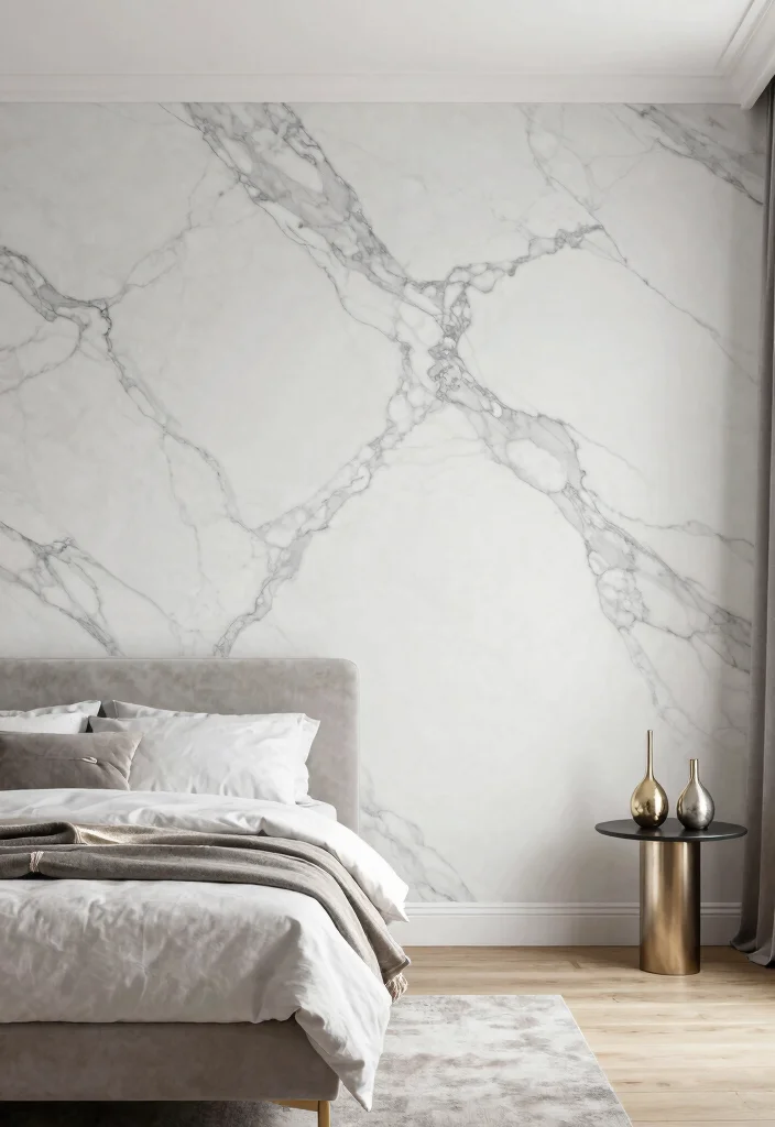 15 One Wall Wallpaper Bedroom Ideas: Patterned Visual Interest - 5. Sophisticated Marble Effect 1