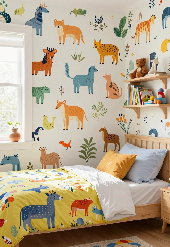 15 One Wall Wallpaper Bedroom Ideas: Patterned Visual Interest - 6. Whimsical Animal Prints 1