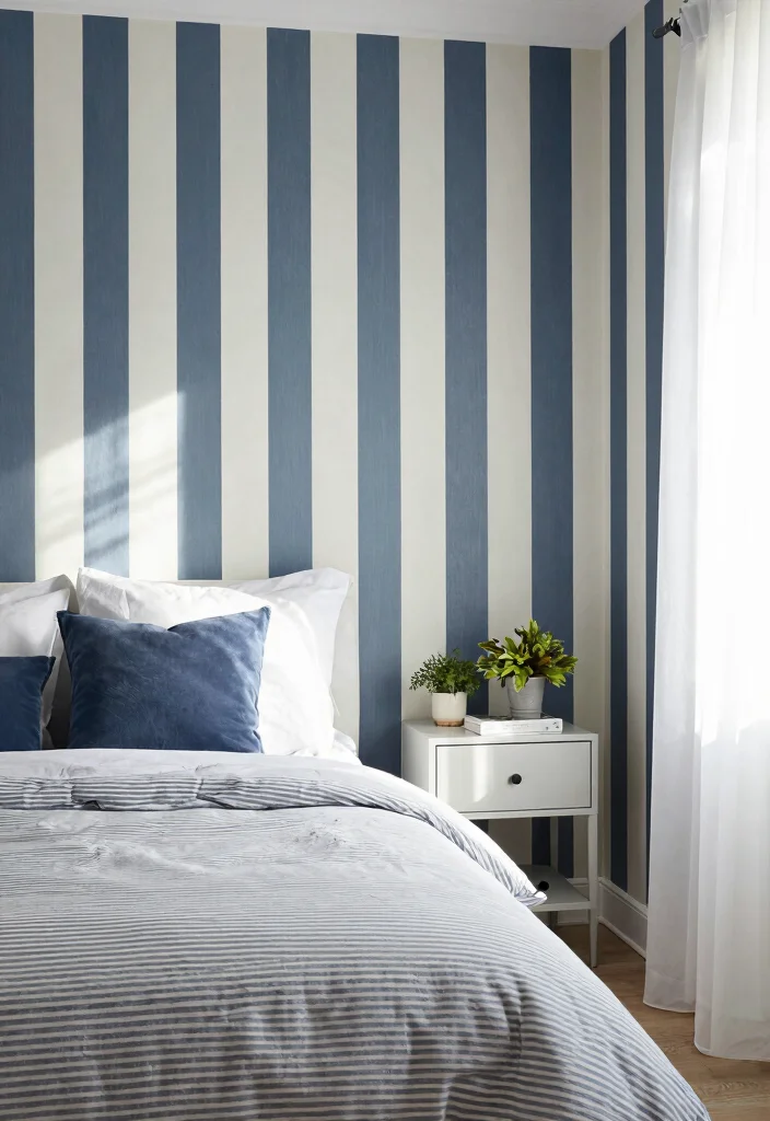 15 One Wall Wallpaper Bedroom Ideas: Patterned Visual Interest - 7. Classic Stripes 1
