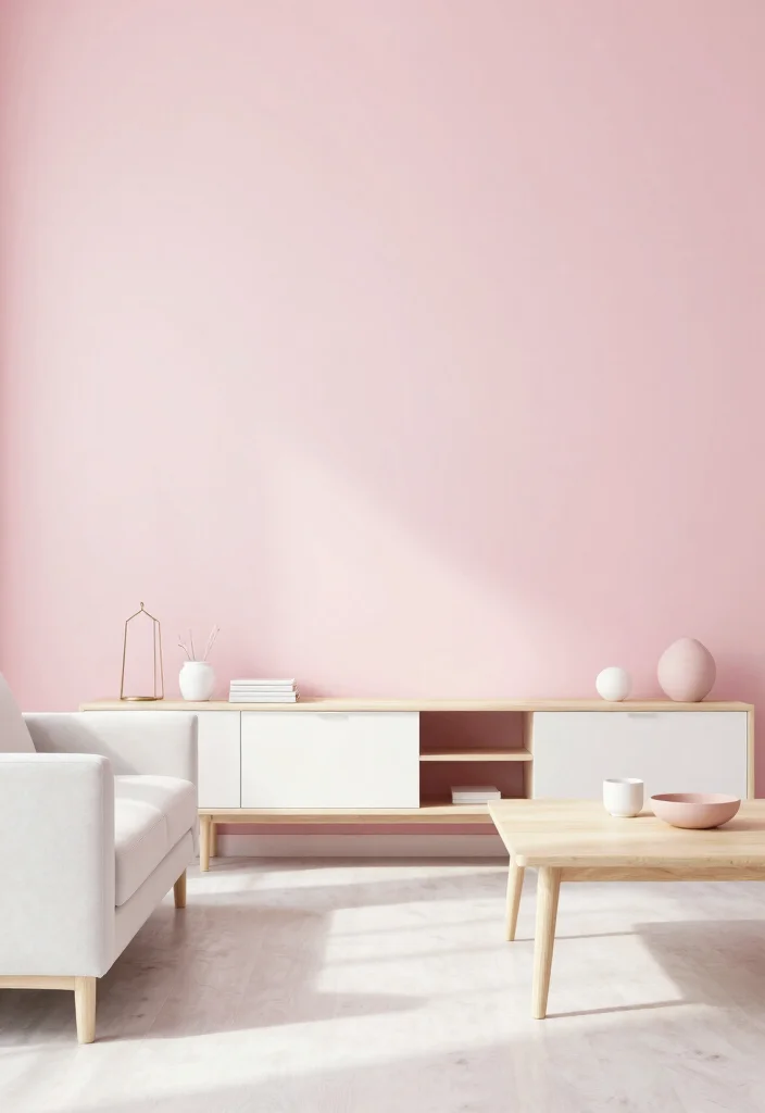 15 Pink Living Room Walls Ideas: Soft Bold Personality - 10. Minimalistic Approach 1