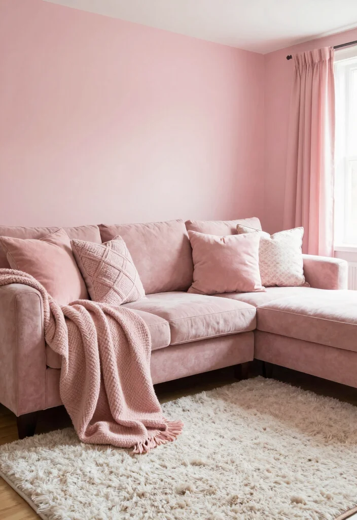 15 Pink Living Room Walls Ideas: Soft Bold Personality - 11. Layering Textiles 1