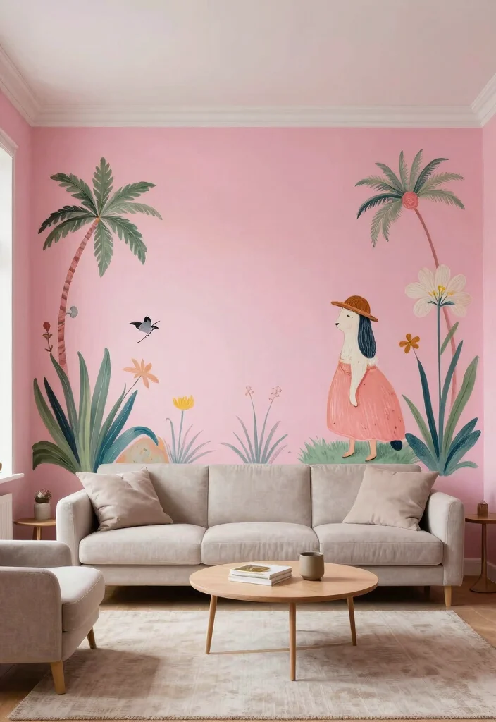 15 Pink Living Room Walls Ideas: Soft Bold Personality - 12. Artistic Touches 1