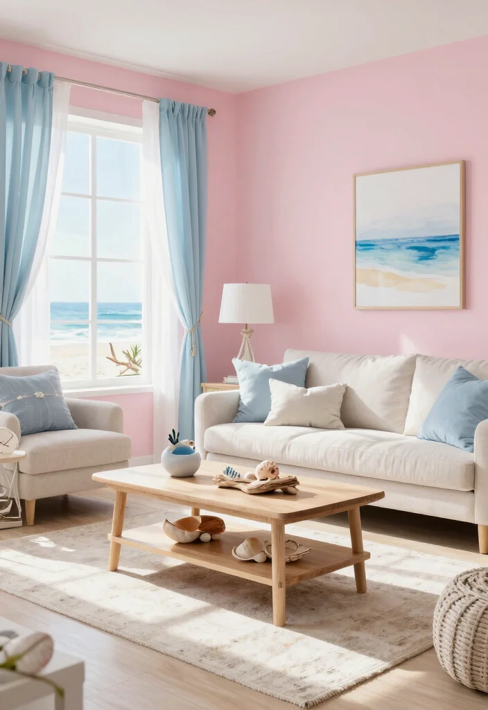 15 Pink Living Room Walls Ideas: Soft Bold Personality - 13. Coastal Vibes 1